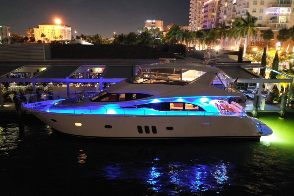A beautiful yacht with blue lights